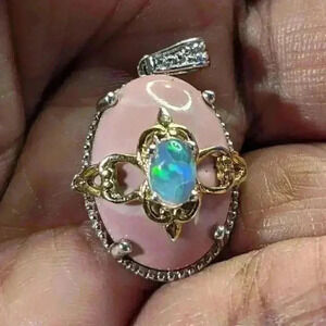 STS 925 Pink Opal colored pendant silver gold oval EUC AB Rhinestone EUC